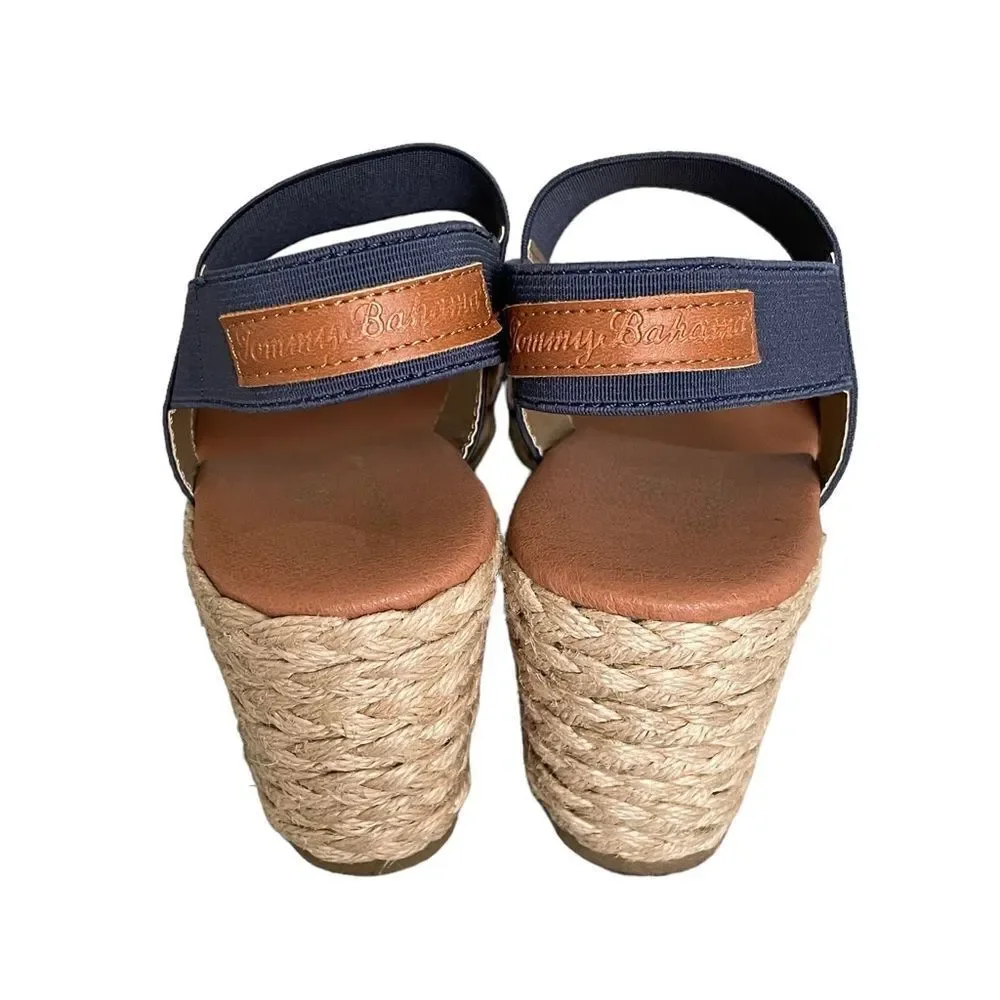 TOMMY BAHAMA Elastic Wedge Espadrilles Sandals Blue Tan 9